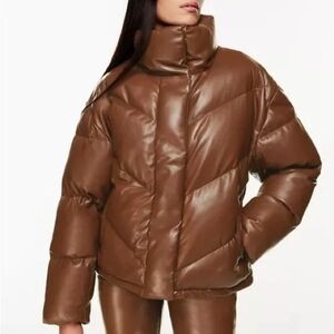 Aritzia Vegan Leather Super Puffer Jacket in Cognac